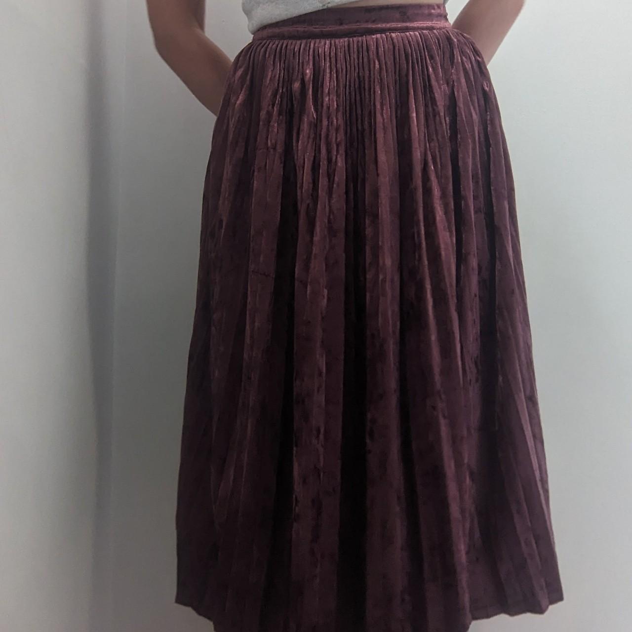 Raspberry crushed velvet pleated midi skirt from