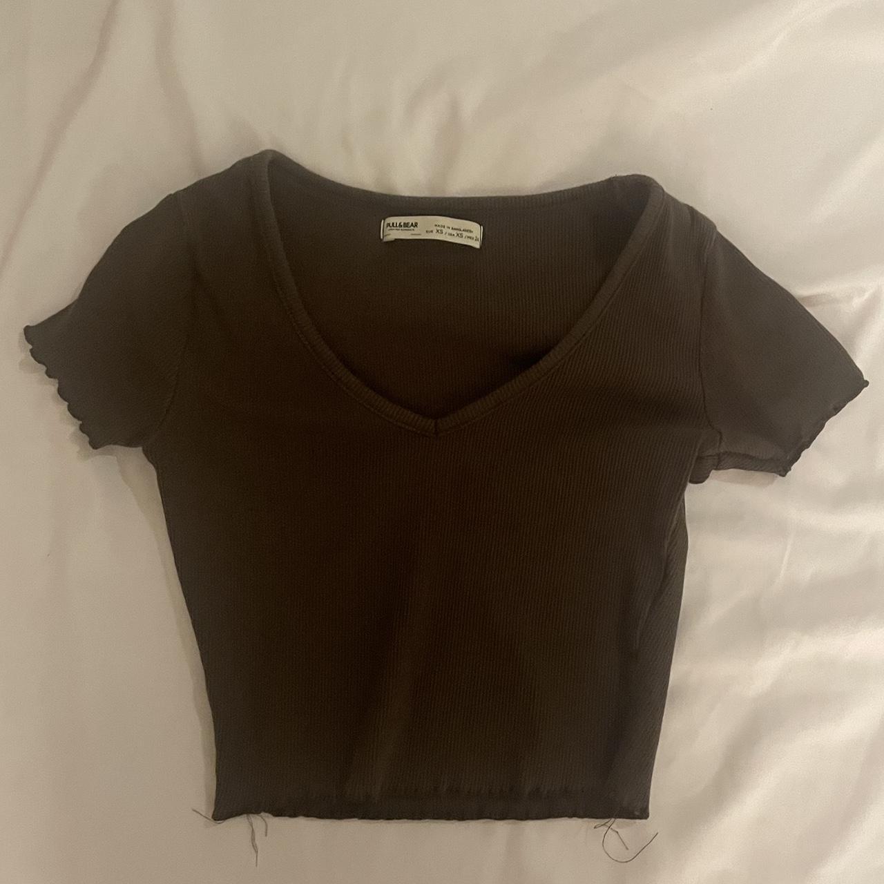 pull&bear brown crop top ribbed with arm details - Depop