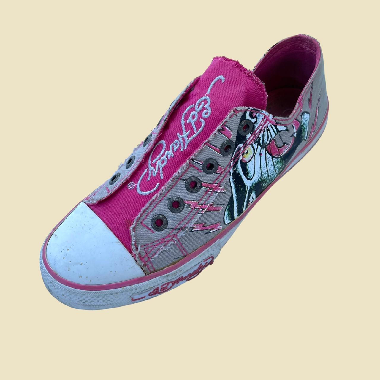 ed hardy pink and grey converse type shoes in used... - Depop