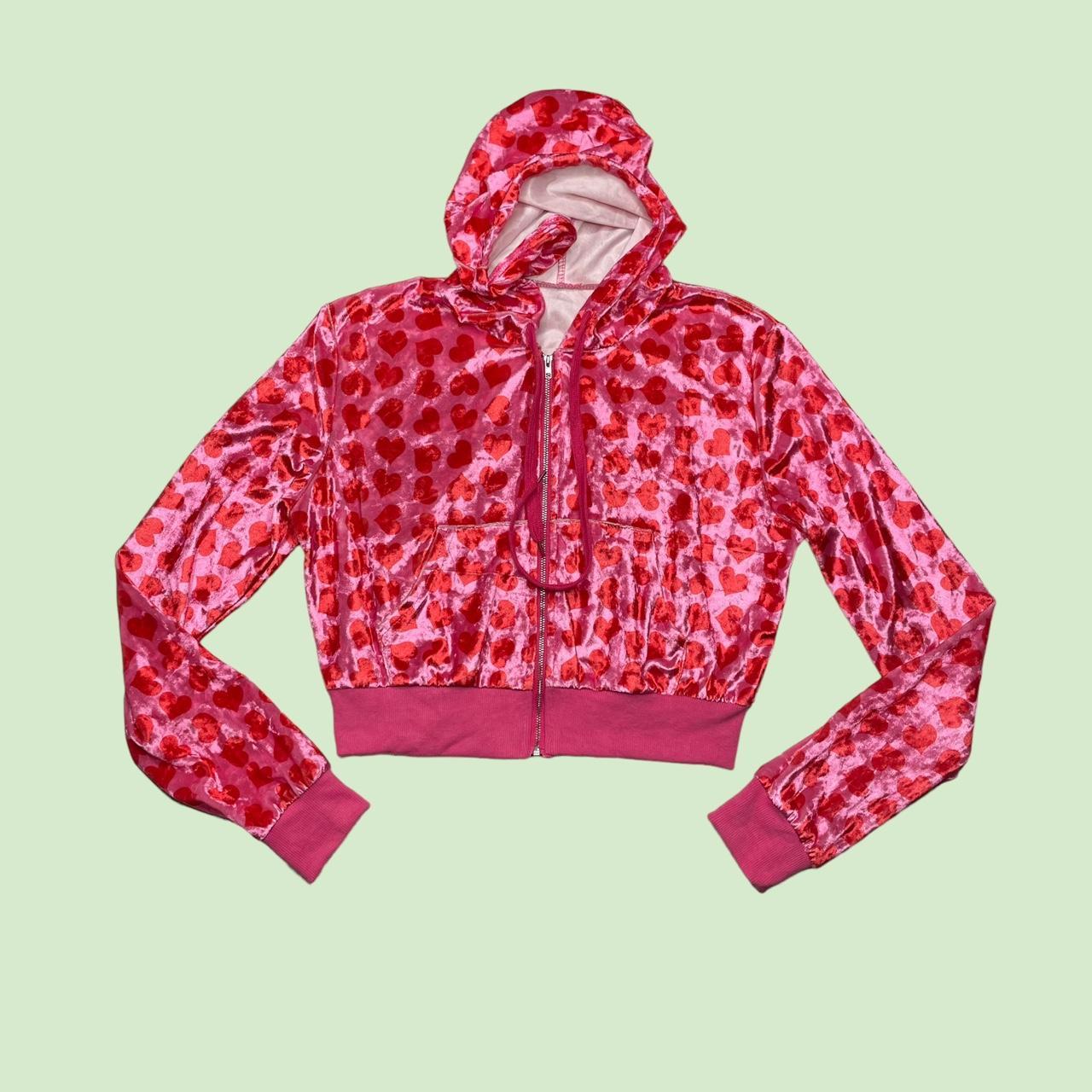 Pink and red heart cropped velvet sweatshirt with... Depop