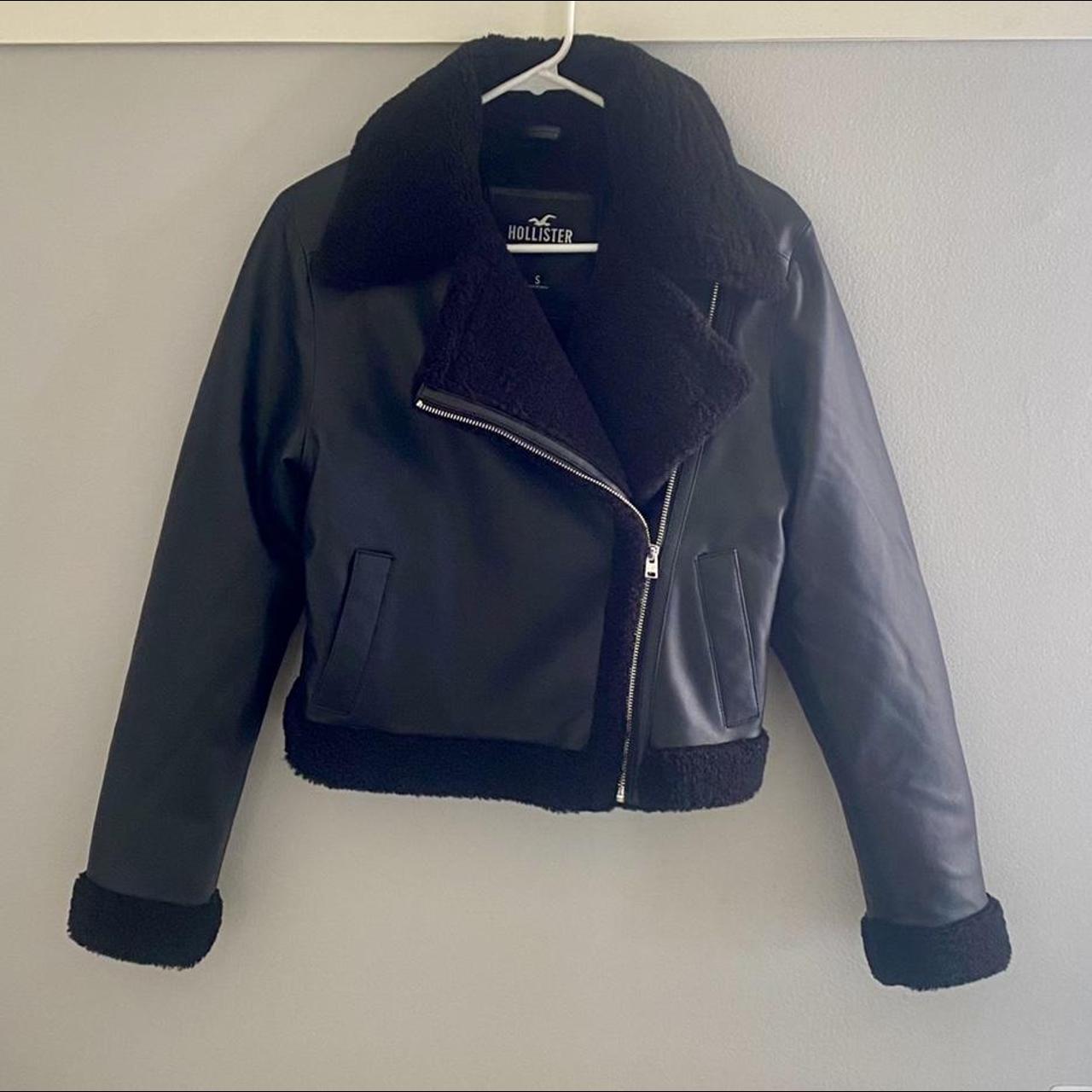 Hollister cropped sherpa-lined faux leather biker... - Depop