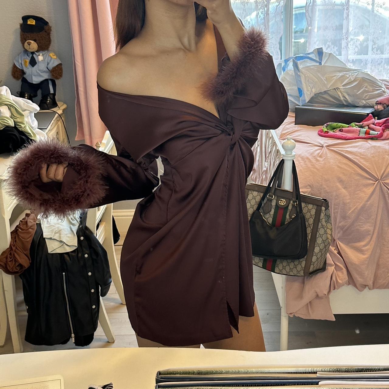 Fashion Nova brown satin dress with feather boas at... Depop