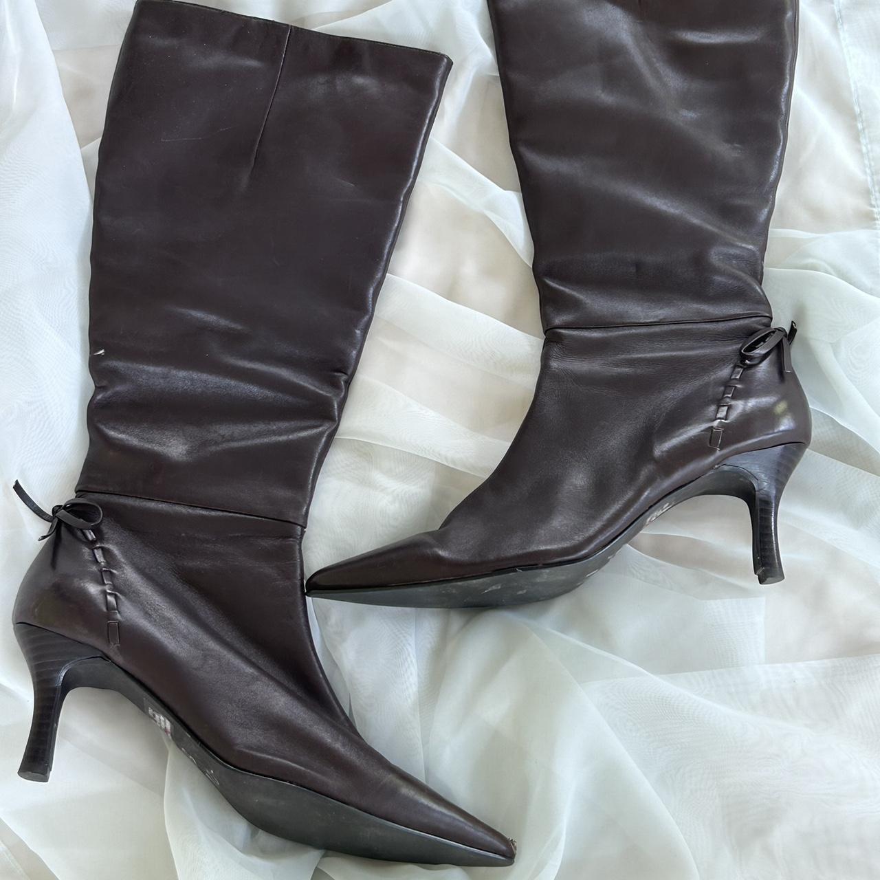 dark purplish brown leather calf length boots with... - Depop