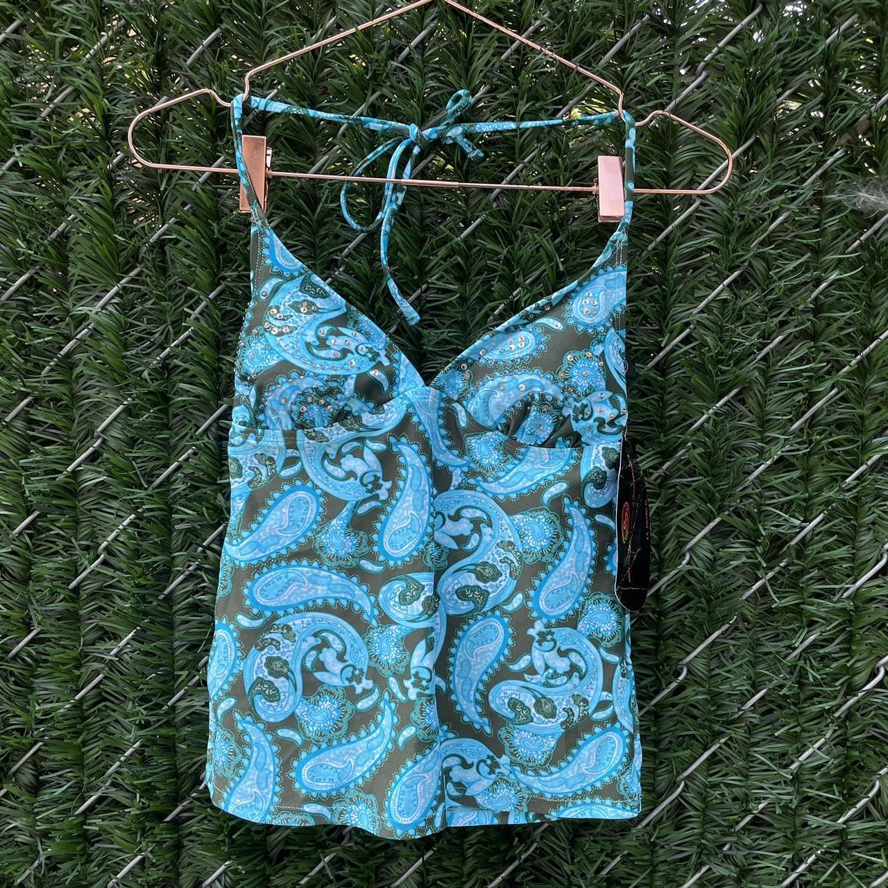 VINTAGE DEADSTOCK Y2K BLUE AND BROWN PAISLEY TANKINI... - Depop