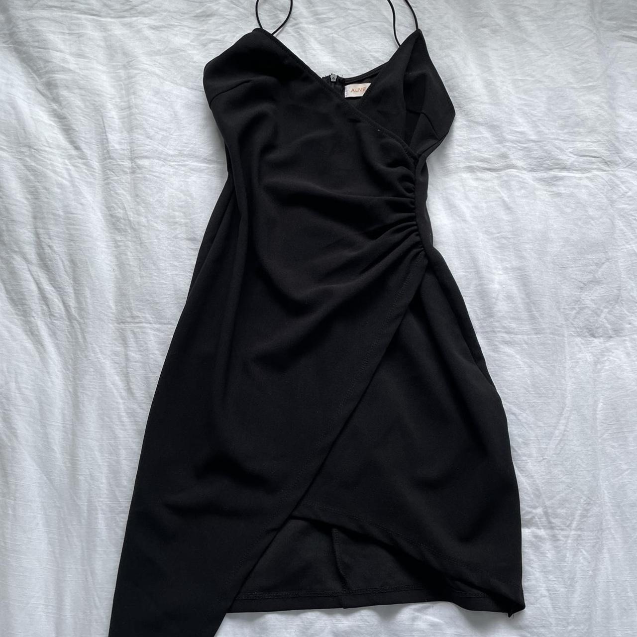 black spaghetti strap asymmetrical dress v neck... - Depop