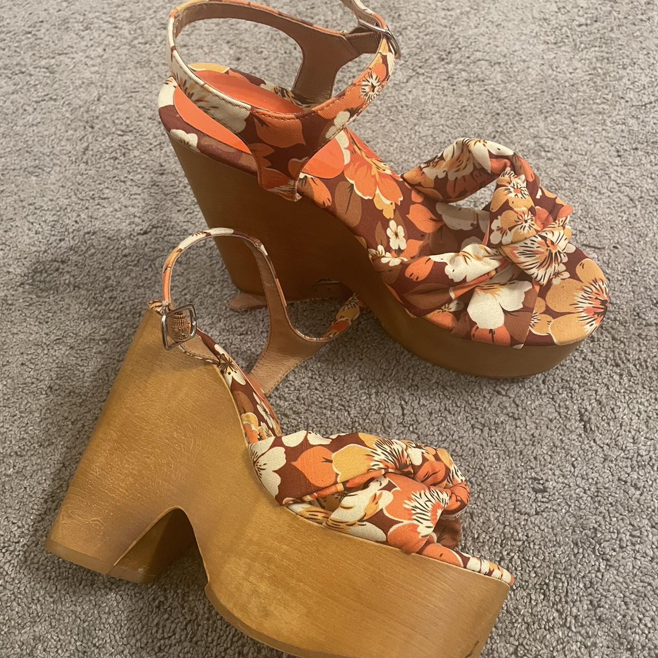 Jeffrey Campbell floral wedge heel. Wooden heel is... Depop