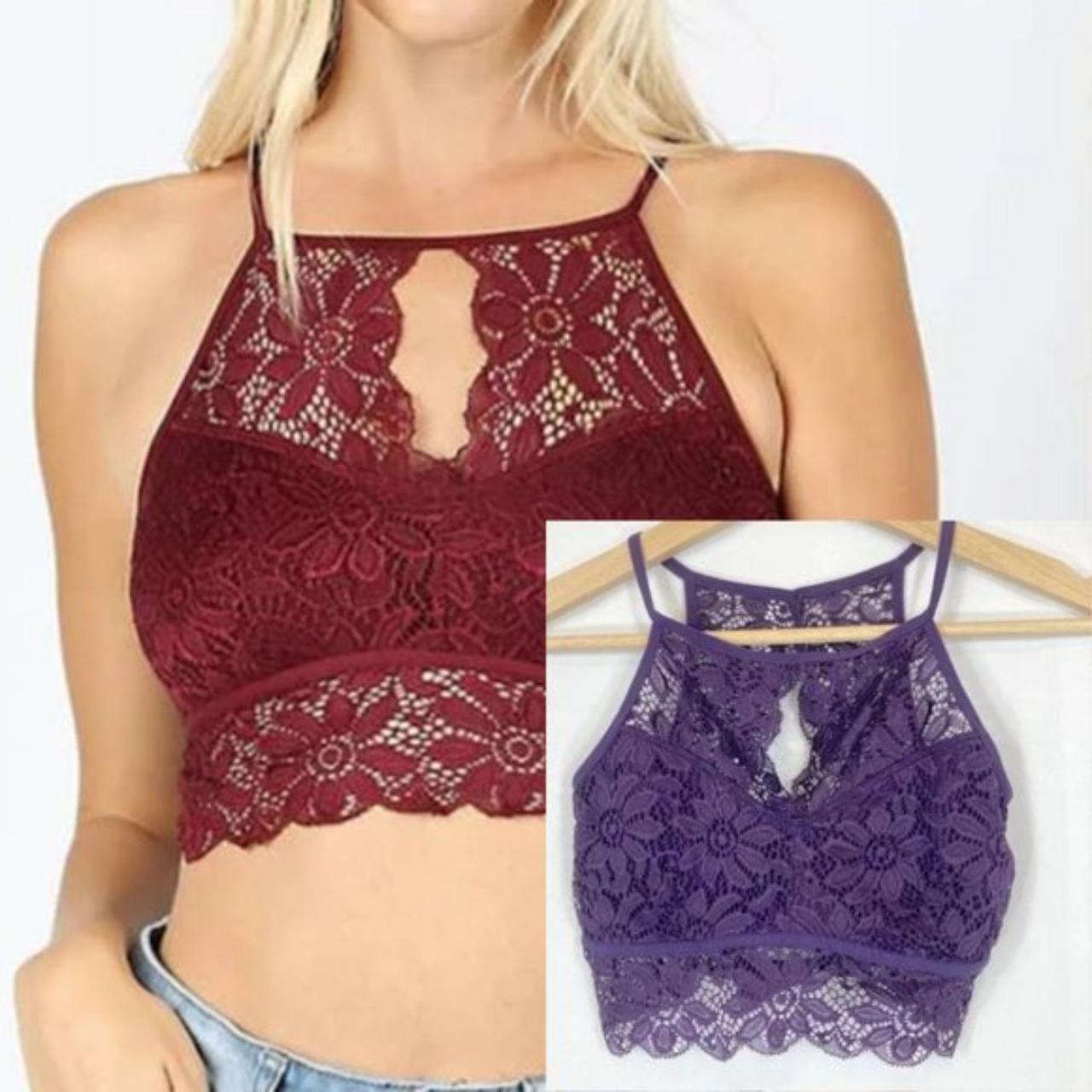 Zenana Outfitters Lace Bralette Purple High neck, - Depop