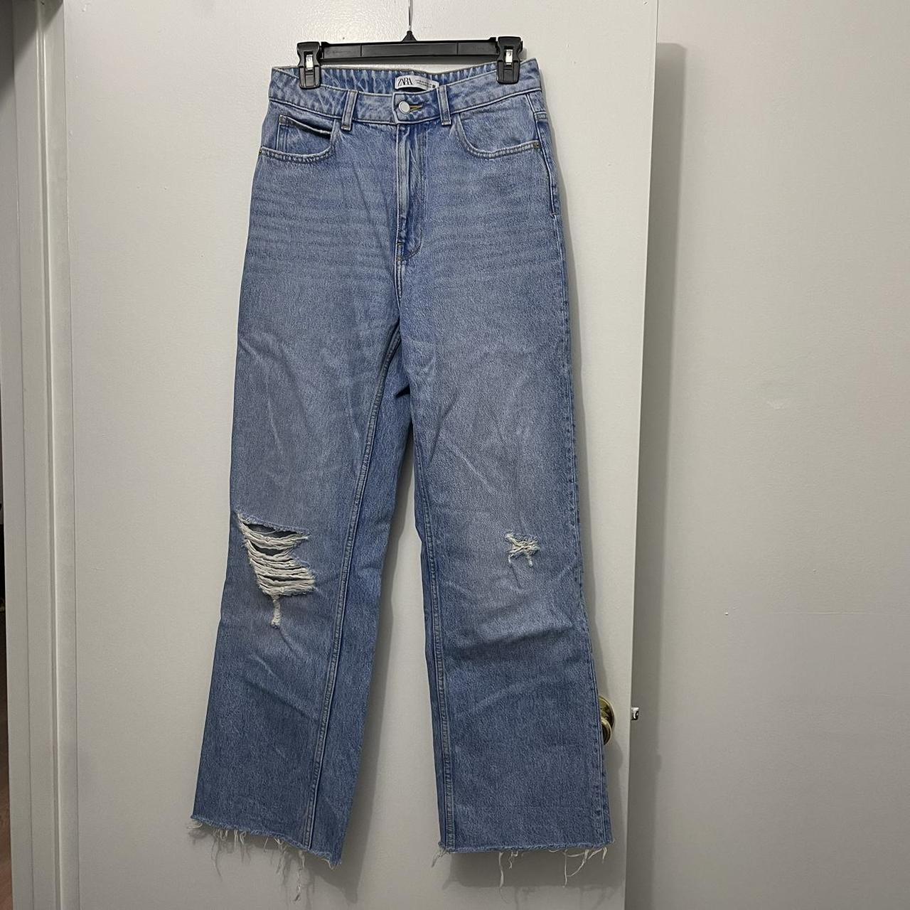 Zara wide leg jeans with rips. Inseam is 30 inches.... Depop
