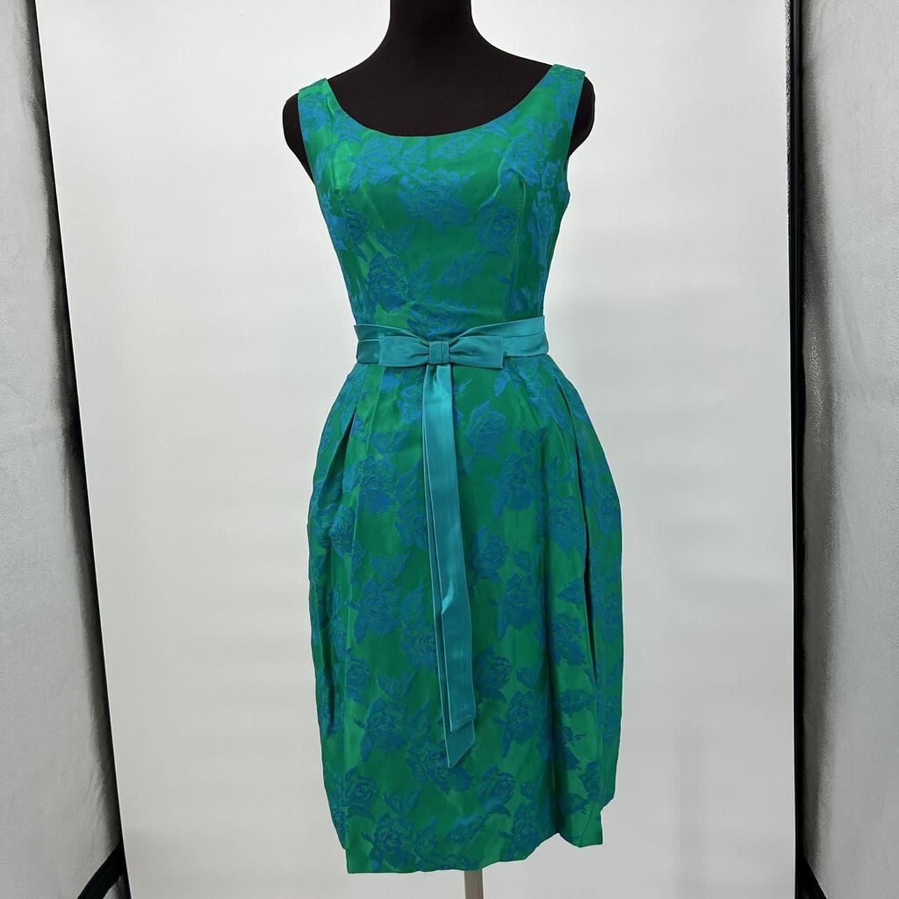 1950's Vintage Brocade Party Dress Green with Blue... - Depop