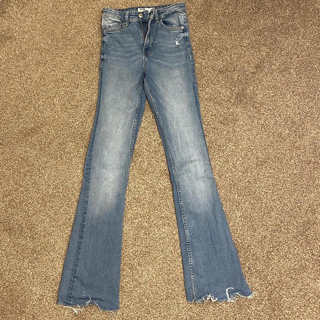blue denim washed flared jeans bershka size 4 5’4... - Depop