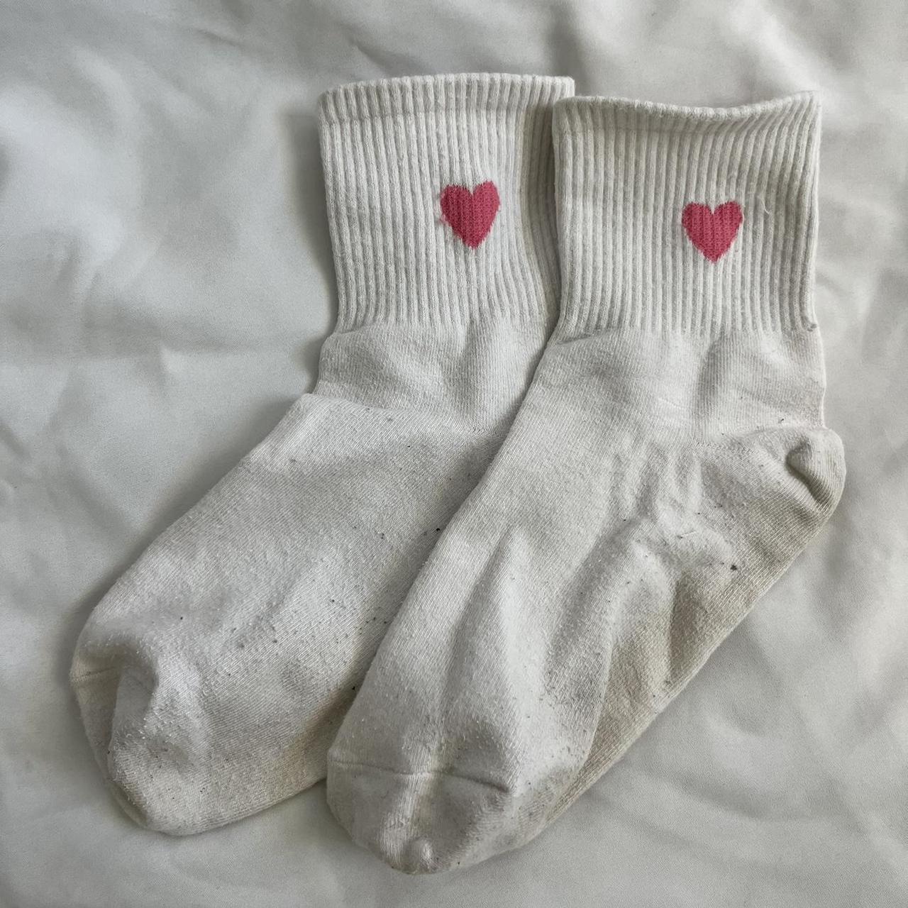 white pink heart socks! super minimalist w a cute... Depop