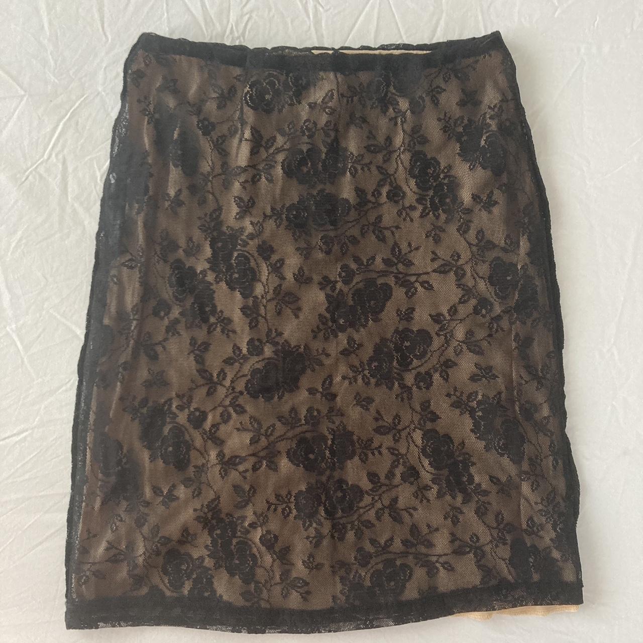 Black lace midi skirt with tanned lining. Never worn... - Depop