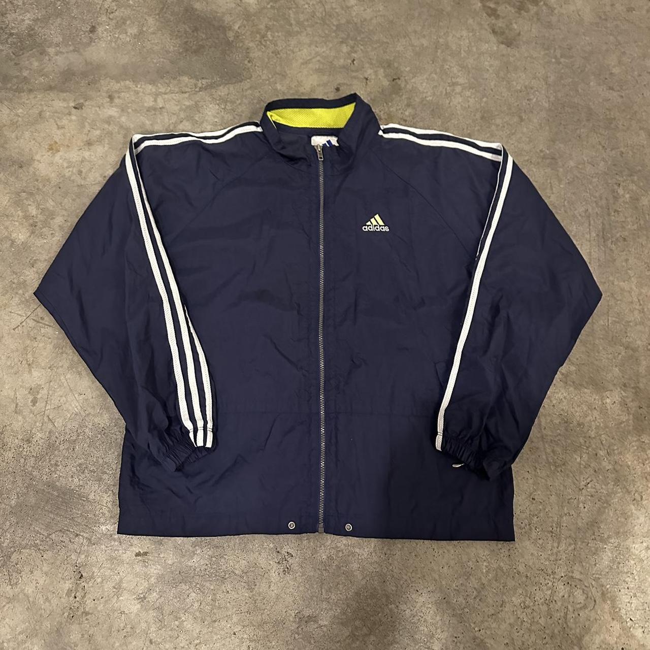 Vintage Adidas Navy and Lime Green Windbreaker with... - Depop