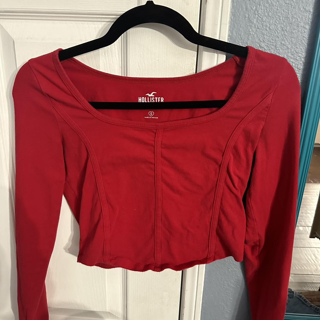hollister red long sleeve baby tee corset design is... Depop