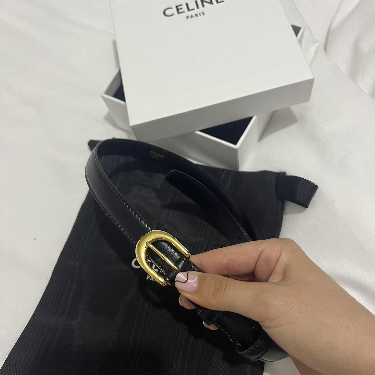 【人気/関税/送料込み】 Celine Large Western Belt in Vintage CELINE Belt 26 65 Black Leather Gold Buckle Logo XS Horse