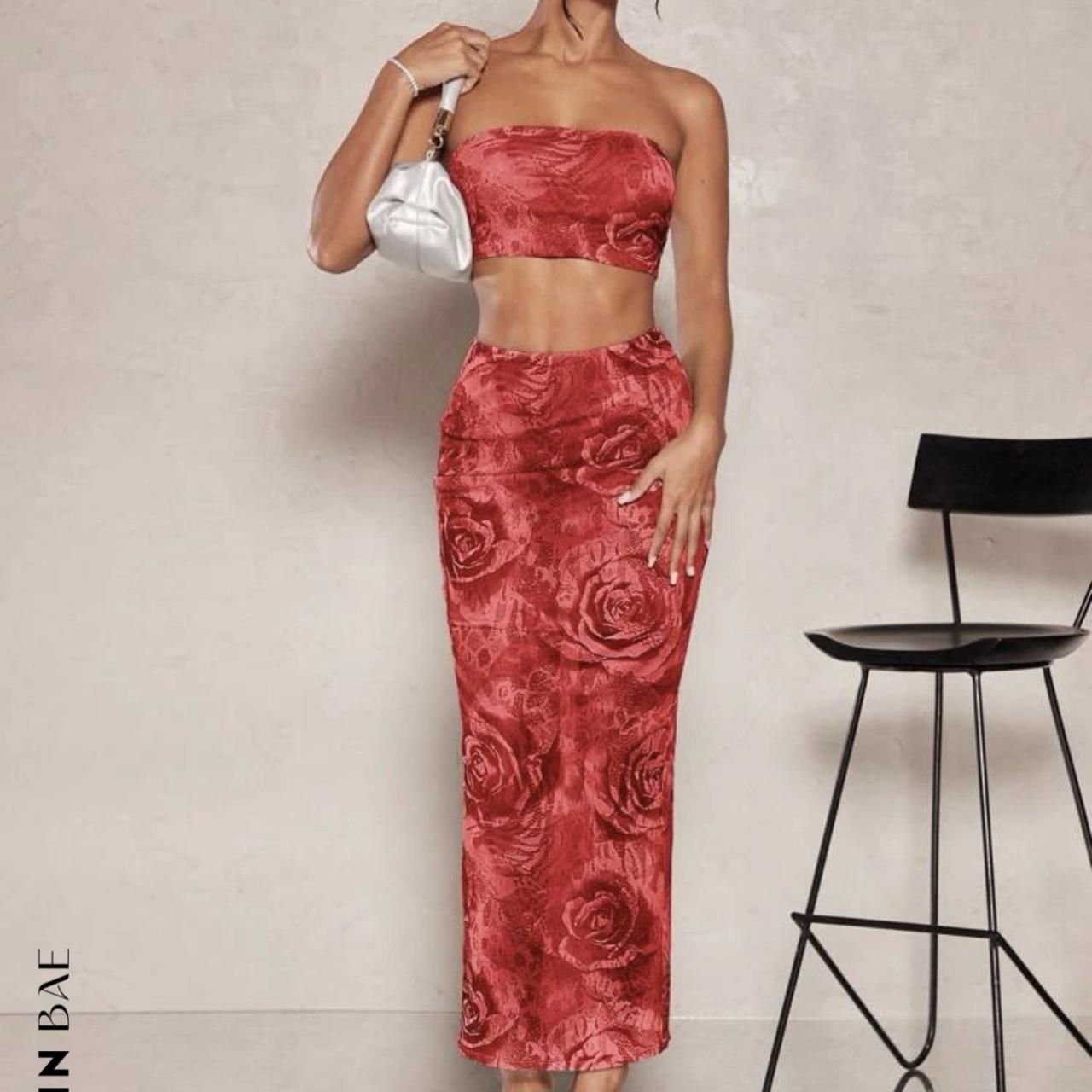 Shein red floral print tube top and matching maxi... - Depop