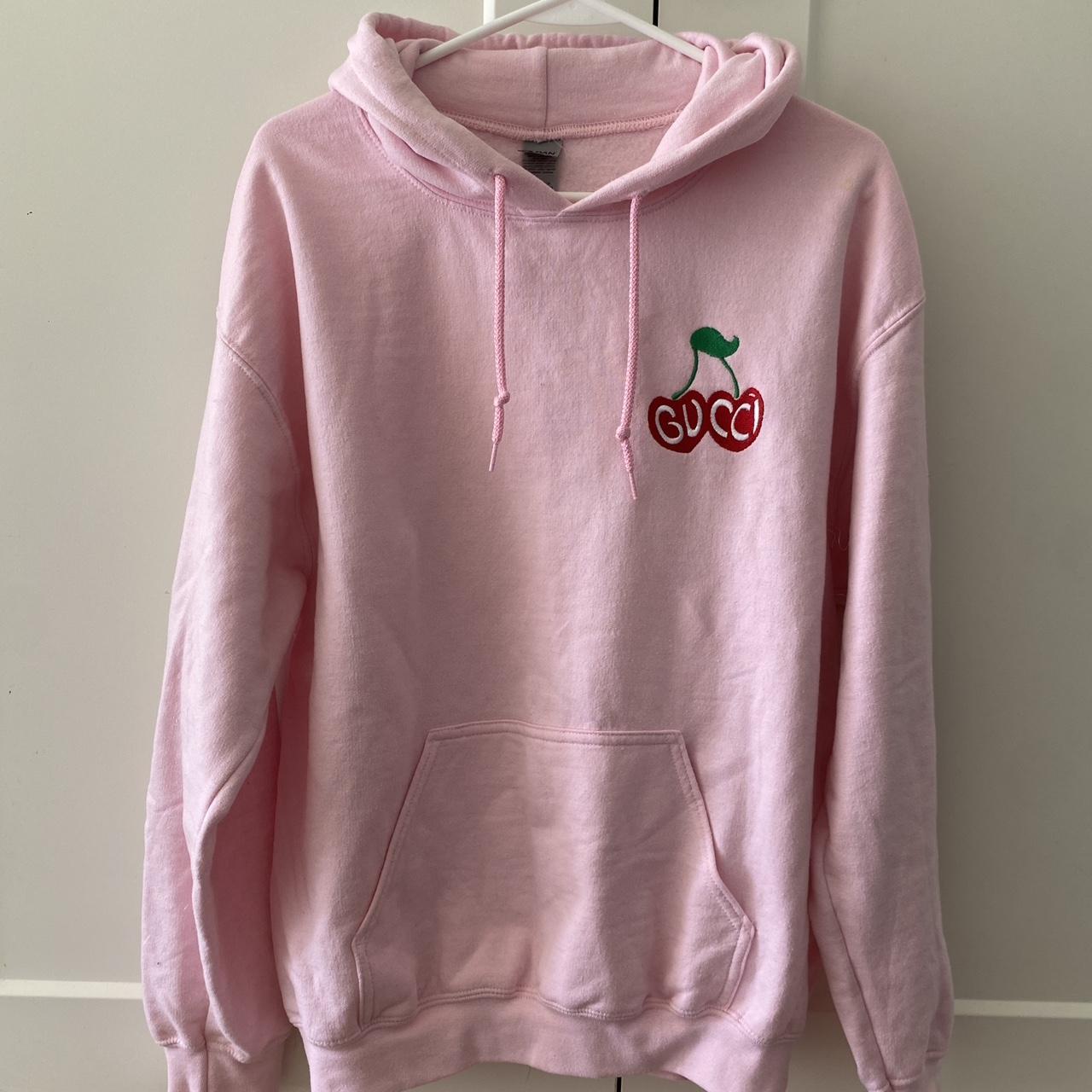 Pink Gildan hoodie that says Gucci Depop