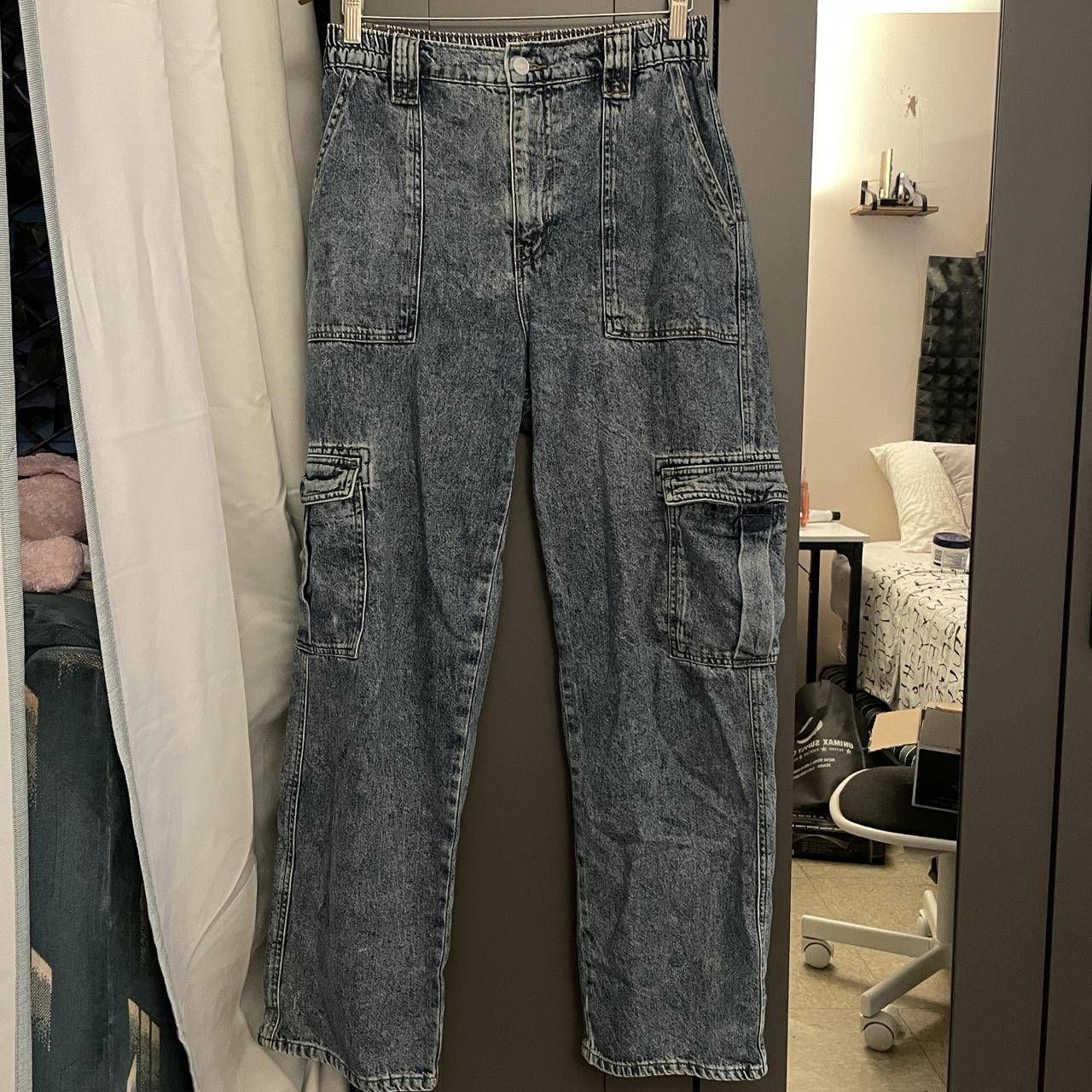 high waisted denim cargo pants