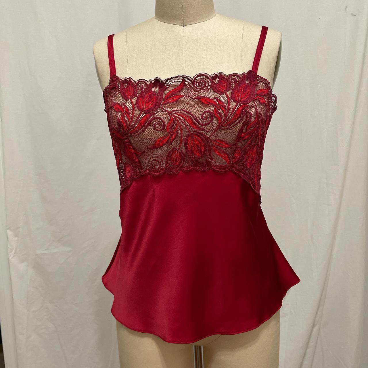 red satin silky negligée tank top with lace... - Depop