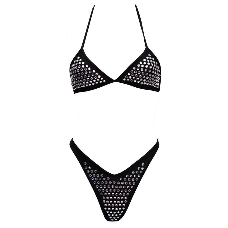 Chanel Rhinestone Black Two-Piece Bikini Swimsuit. - Depop