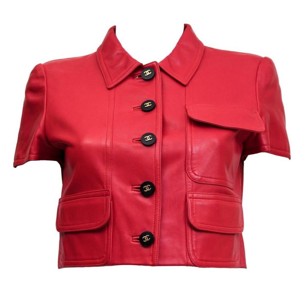 Chanel Red Leather CC Logo Button Crop Jacket size