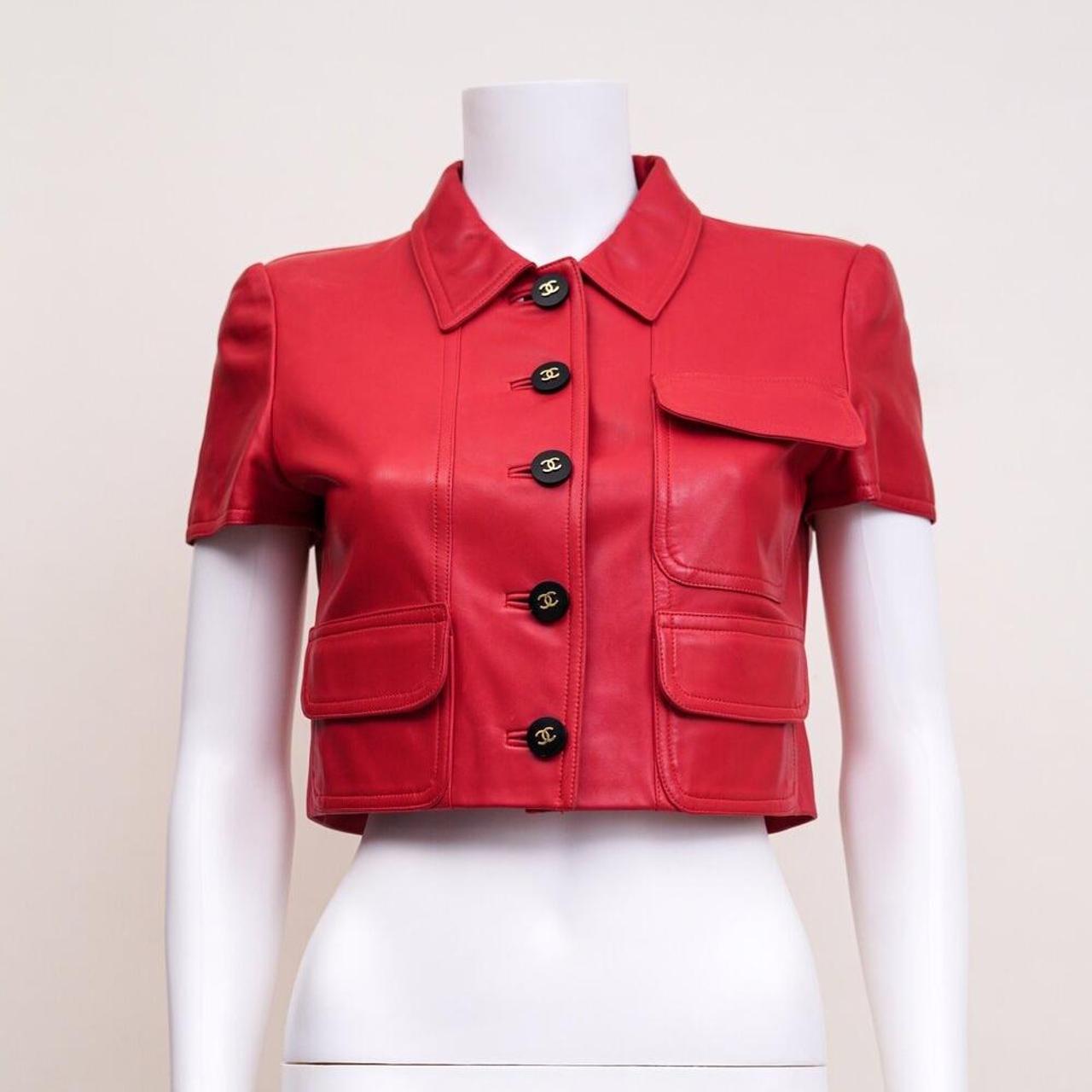 Chanel Red Leather CC Logo Button Crop Jacket size. Depop