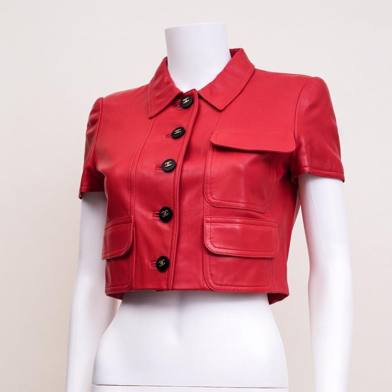 Chanel Red Leather CC Logo Button Crop Jacket size - Depop