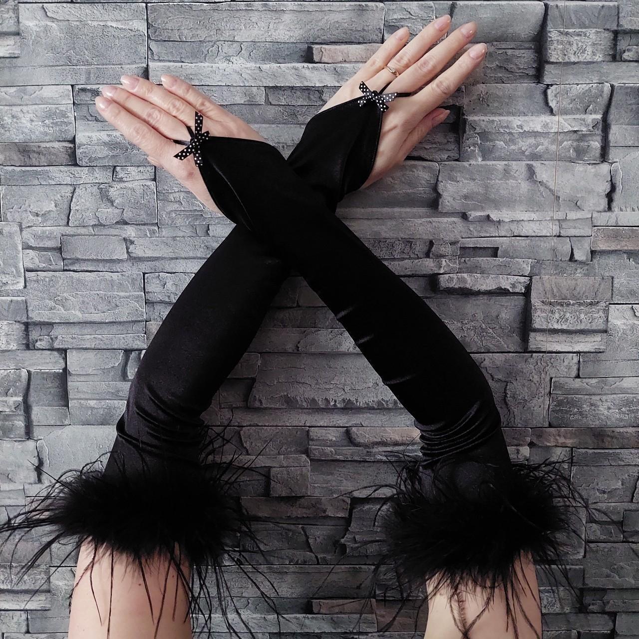 Sexy black satin fingerless gloves with feather trim - Depop