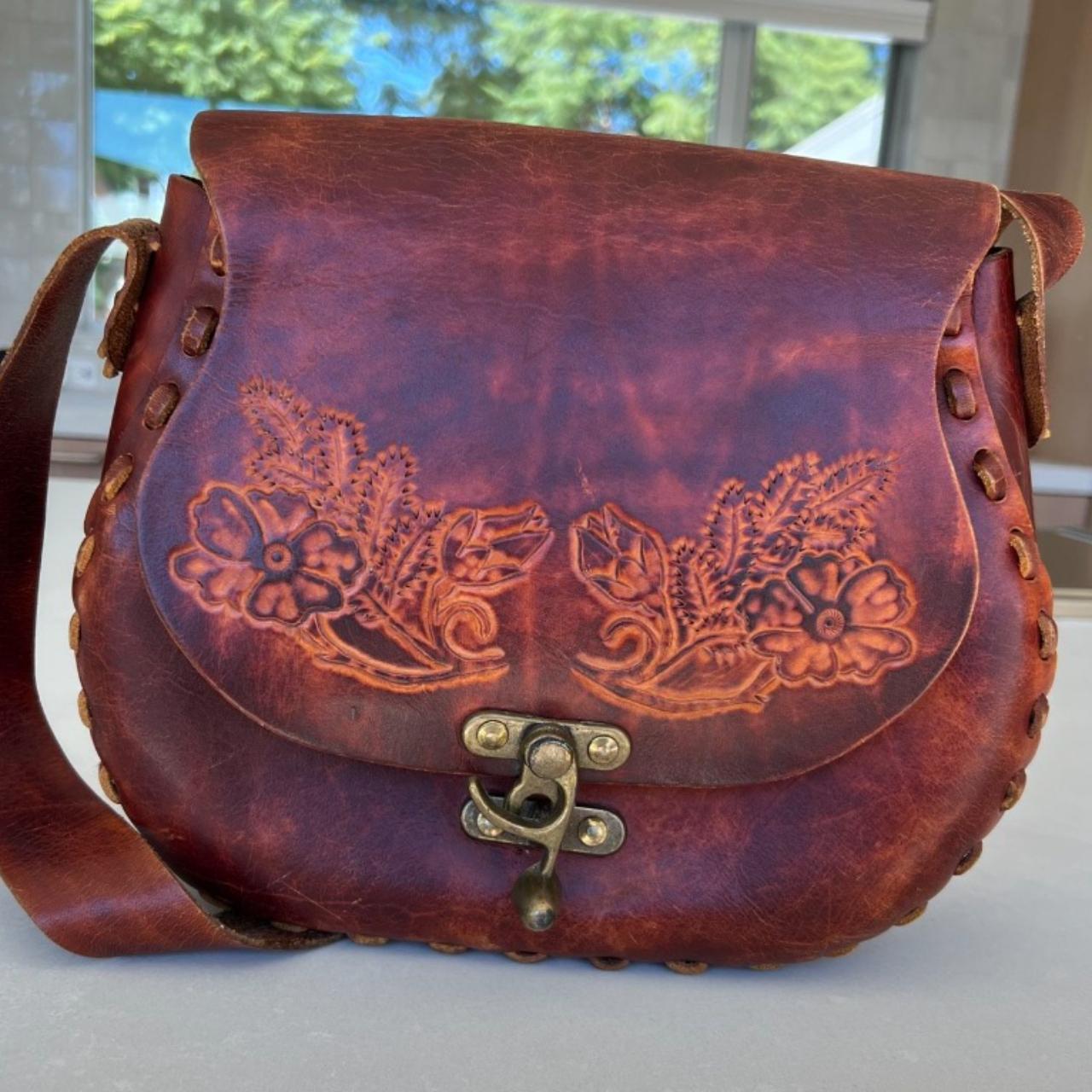 Vintage 1970s tooled Leather Flower Purse Embossed... - Depop