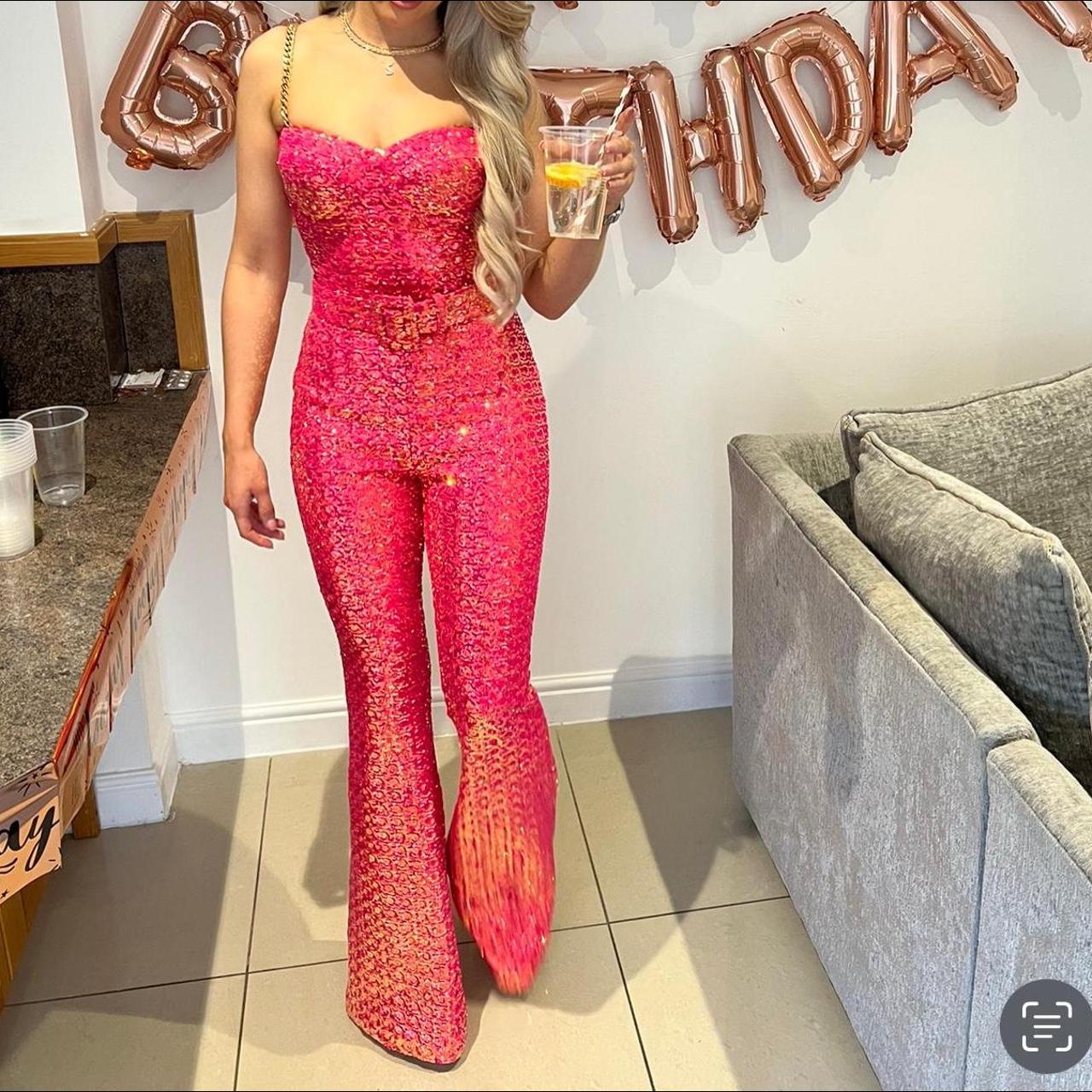 Nadine Merabi pink & gold sequin jumpsuit worn once... - Depop