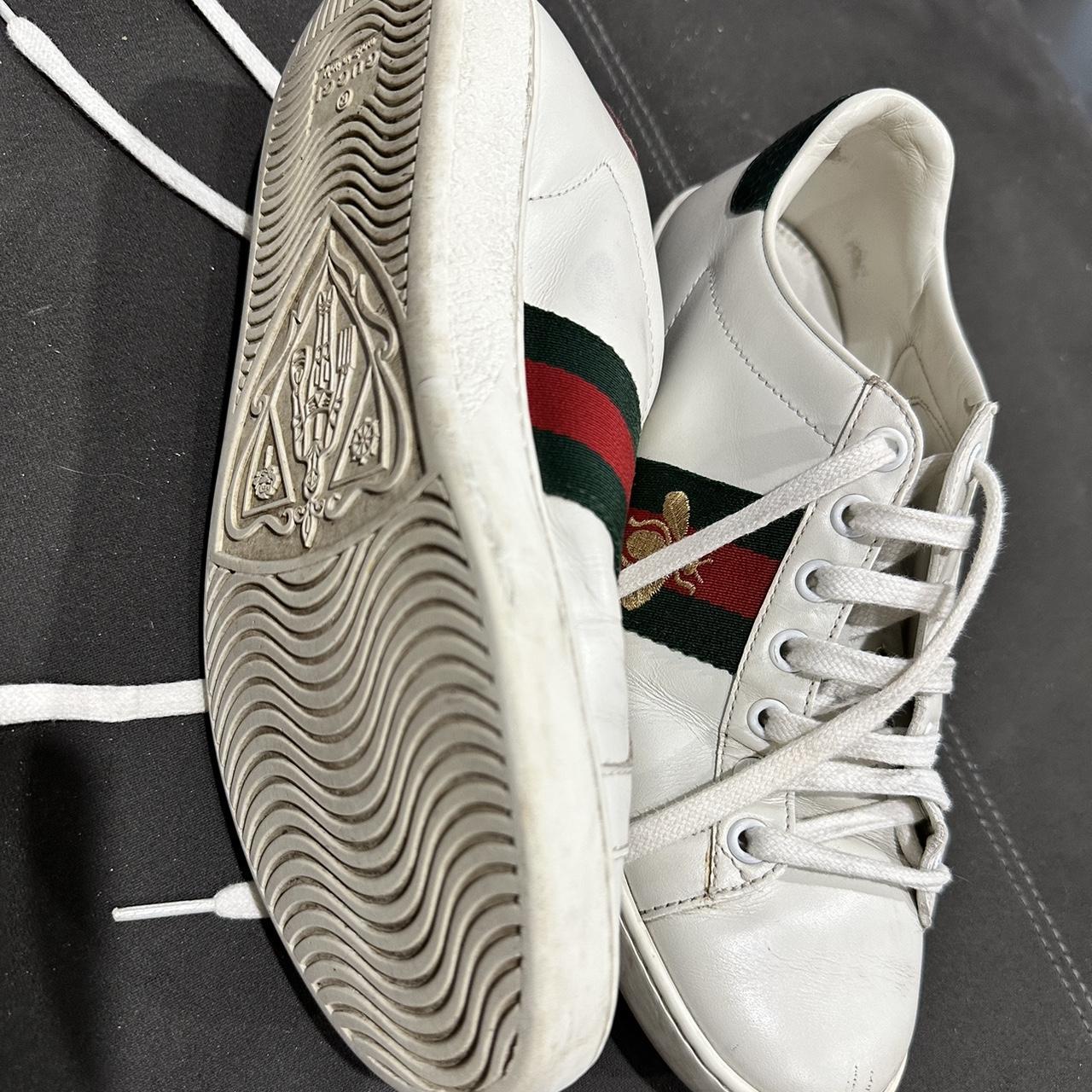 Pre loved Gucci Ace Shoes with Gold Bee, sold as is... - Depop
