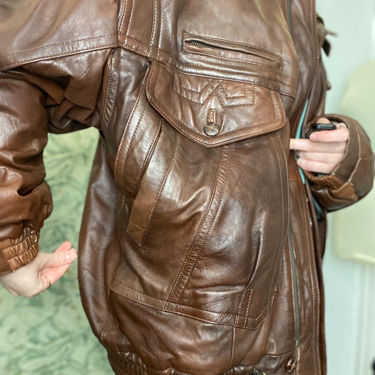 Brown Genuine Leather Vintage Oversized Bomber... - Depop