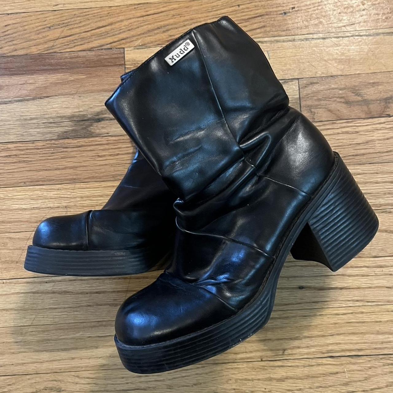 00s, black, Y2K vintage Mudd ankle boots. Chunky... - Depop