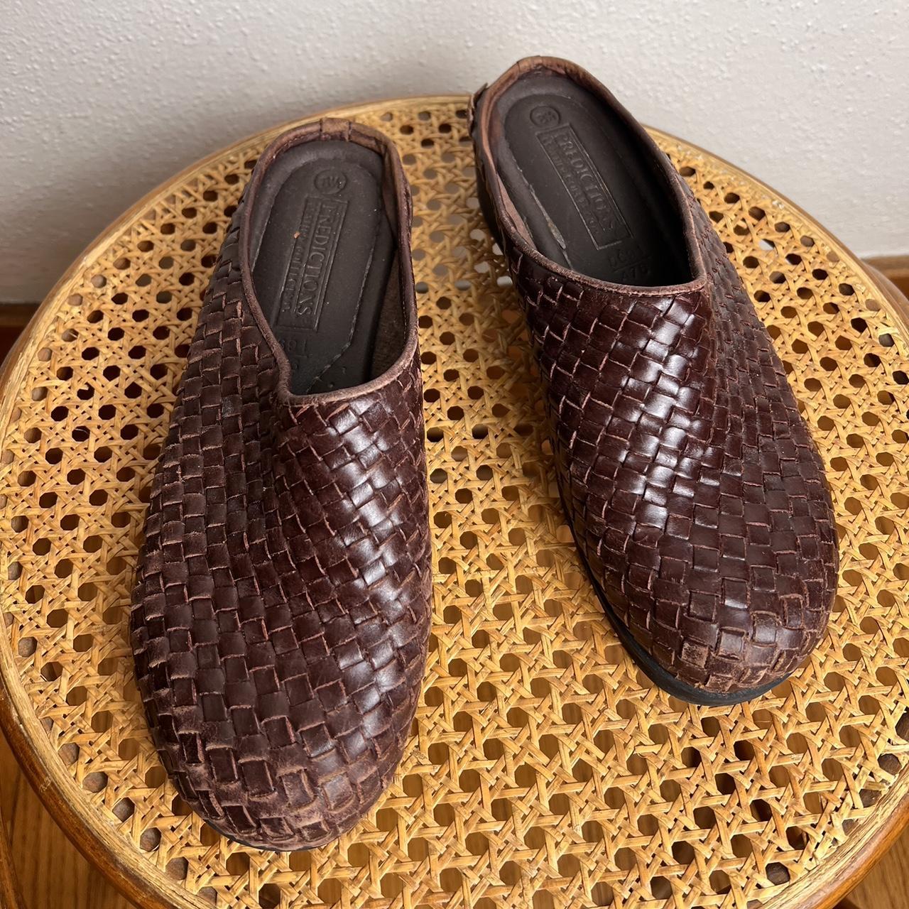 Vintage Brown Leather Woven Round Toe Platform Mules... - Depop