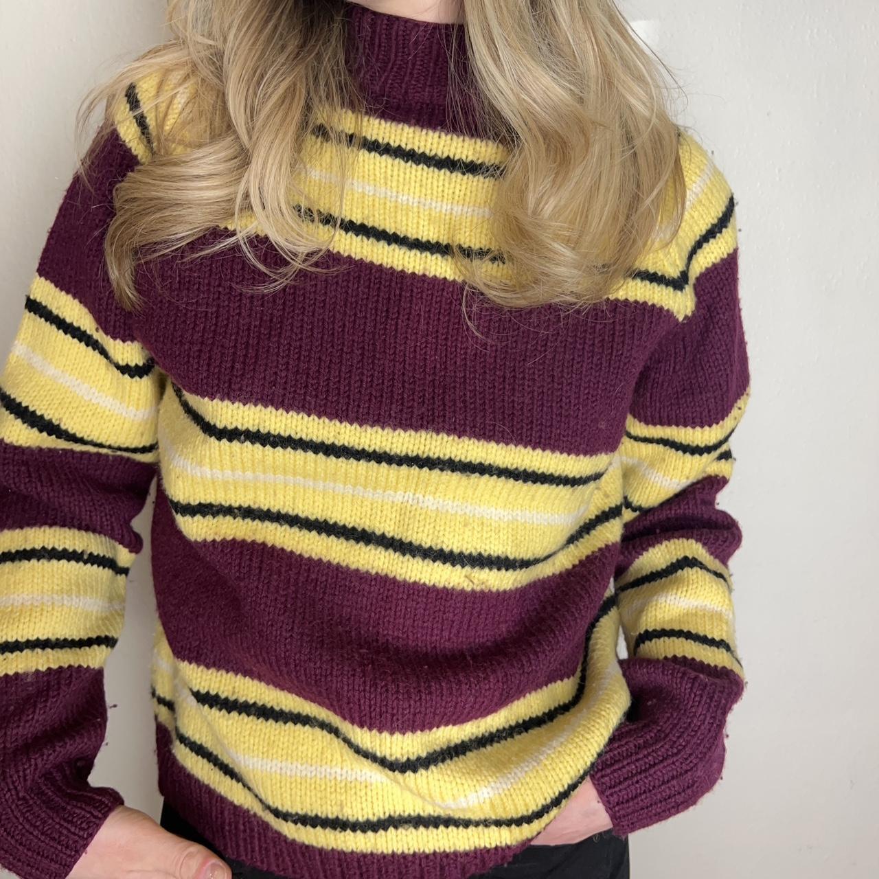 Vintage Hand Knit Maroon And Pale Yellow Striped... - Depop