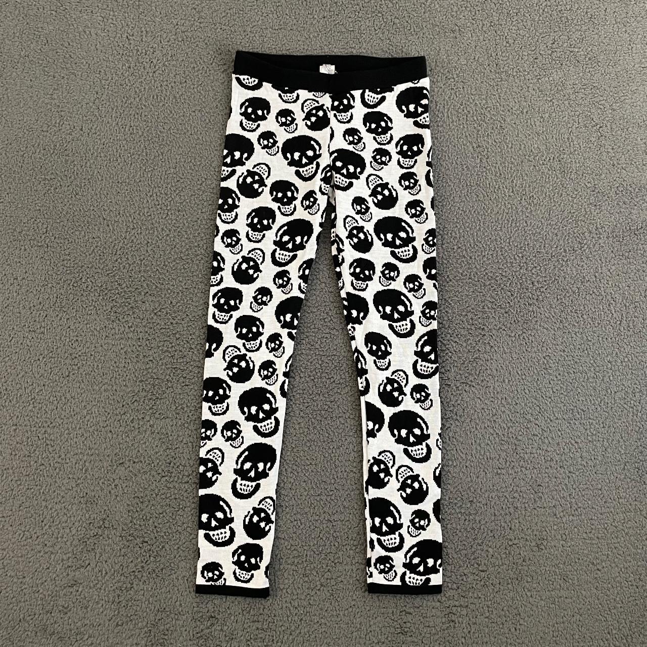 2000's Womens Goth Emo Skull Knit Leggings Waist:... - Depop