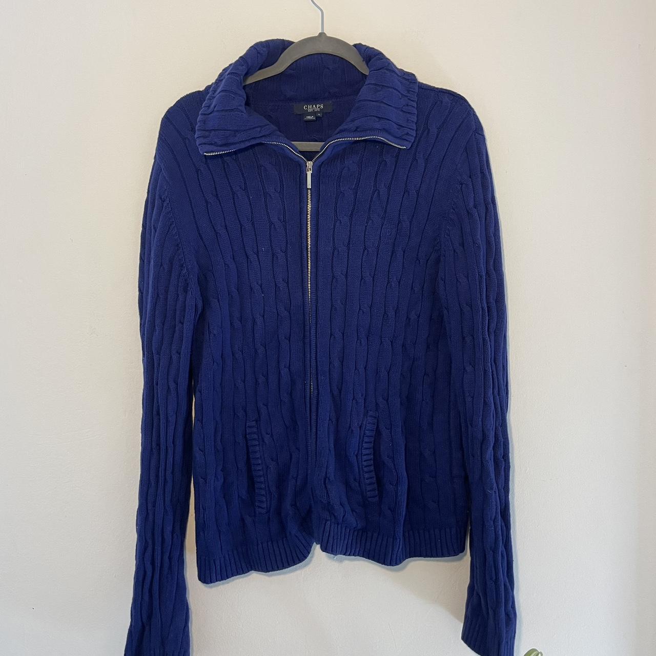 Blue knit Chaps cardigan. Size: L - Depop