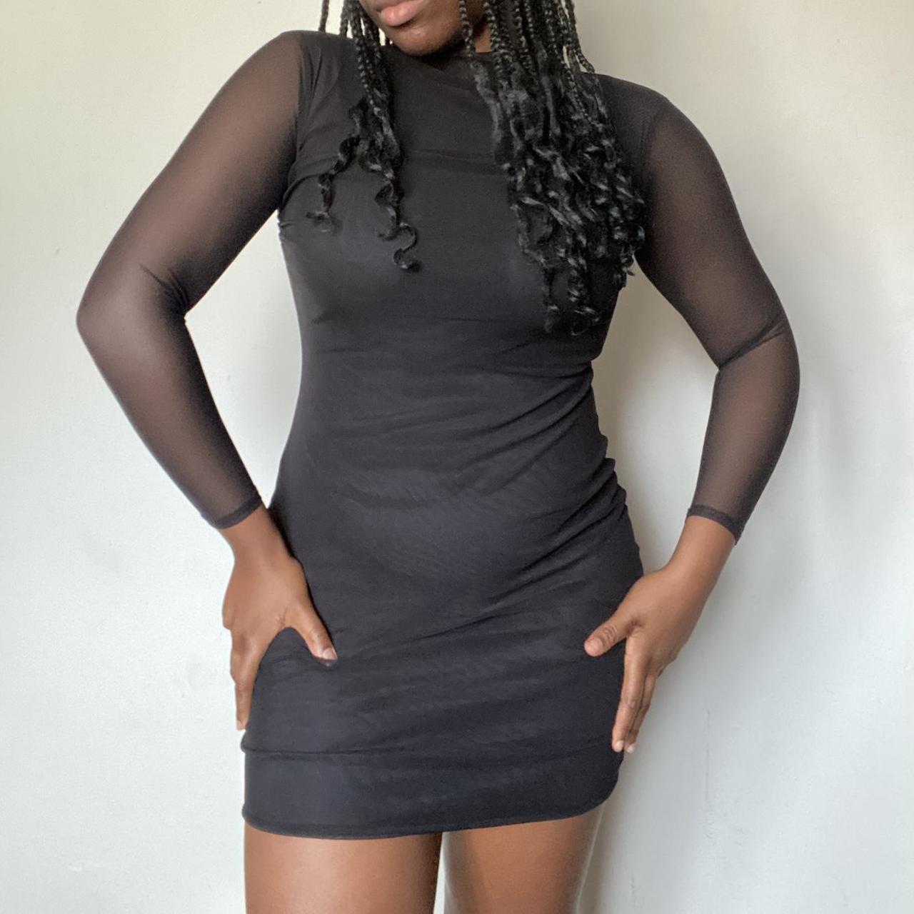 PLT Shape Black Long Sleeved Mesh Mini Dress,