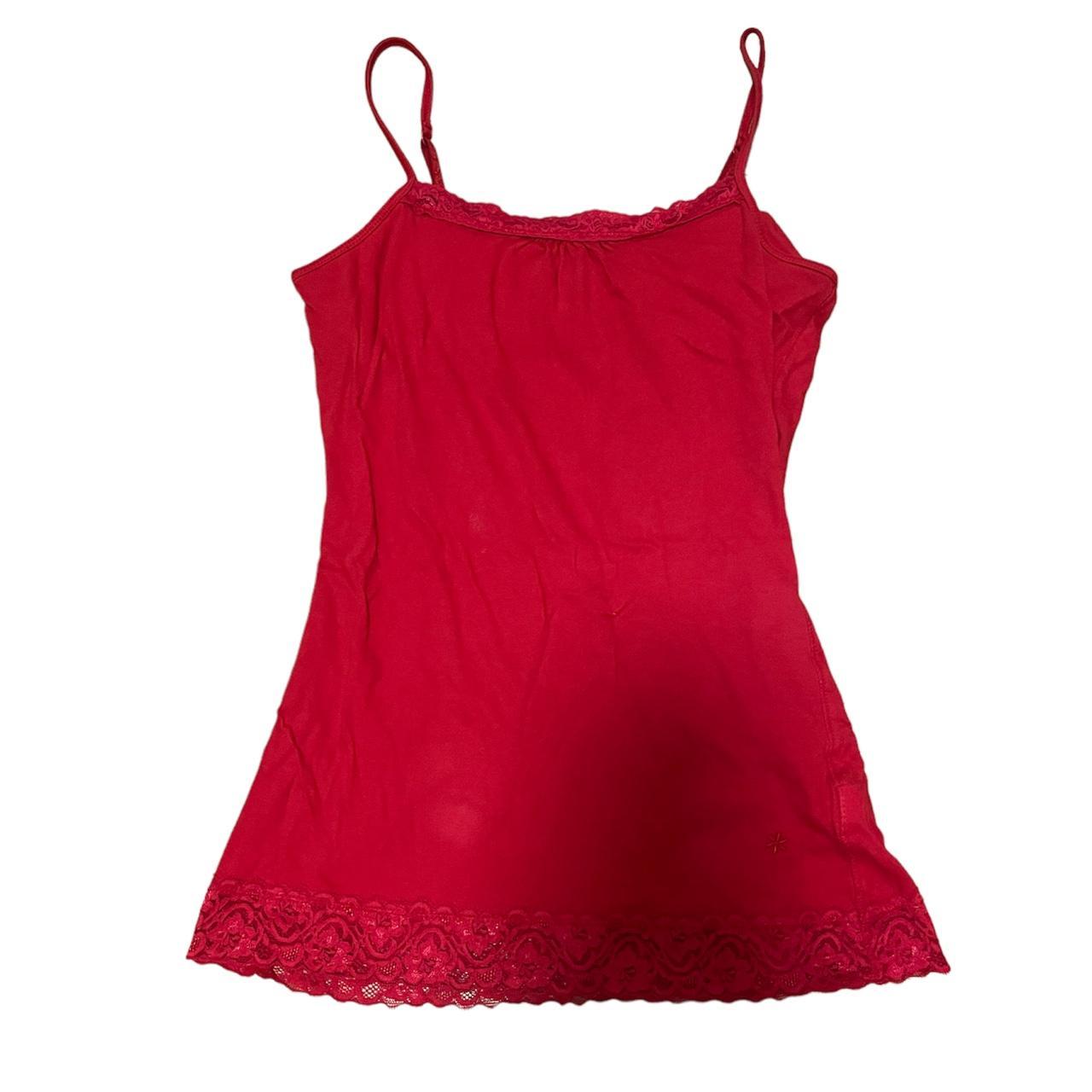 2000s cherry red lace cami tank top size small... - Depop
