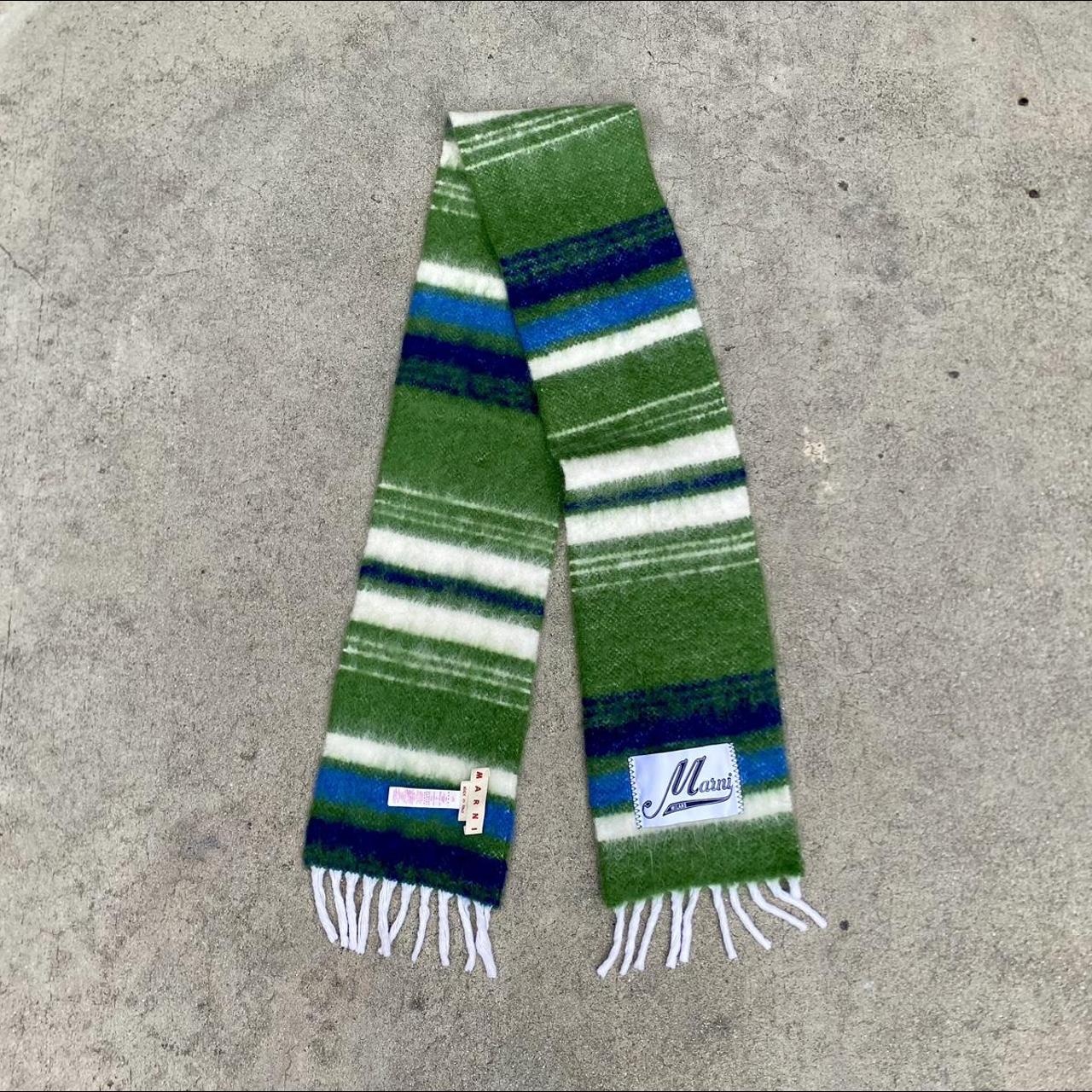 Marni Green and Blue Striped Wool Mohair Scarf with... - Depop