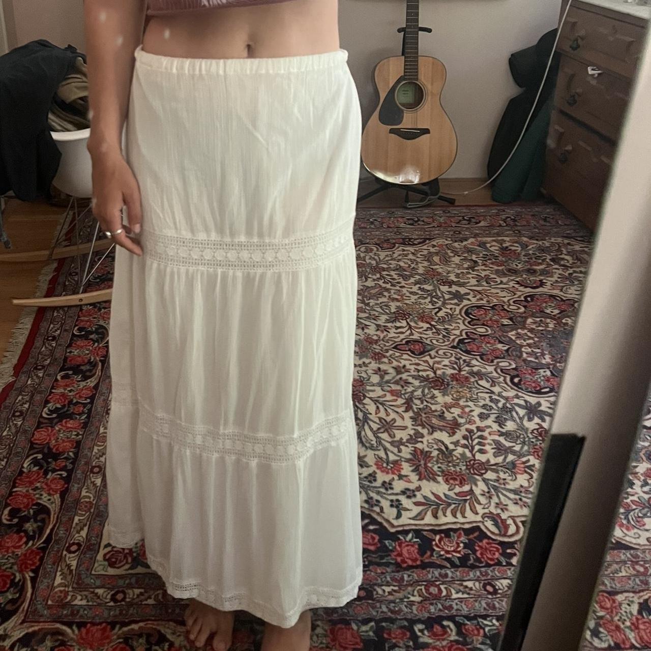 Beautiful white linen maxi skirt with crochet... - Depop