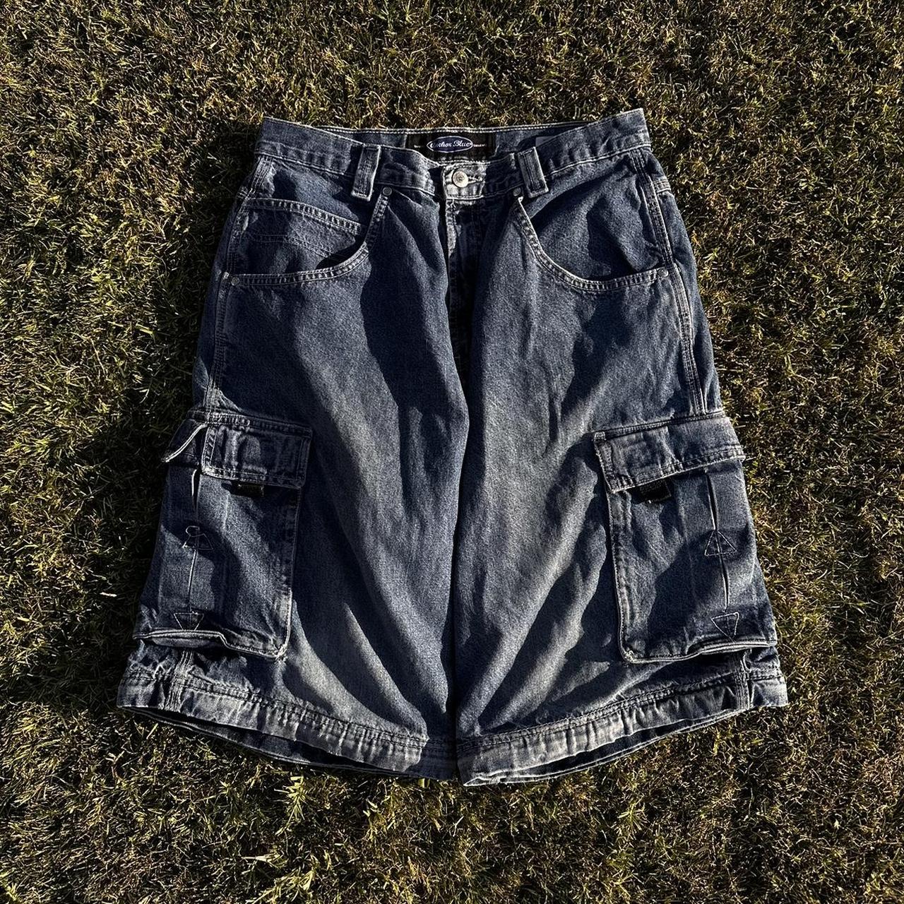 super sick rare anchor blue cargo jorts zipper at... - Depop