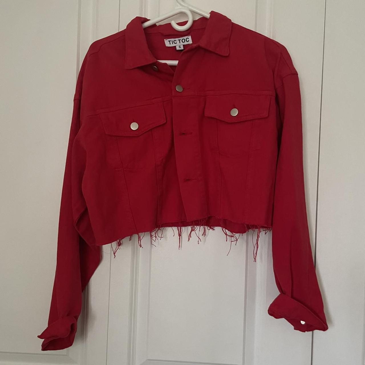 Red Cropped Jean Jacket Size S Color Red Never Depop