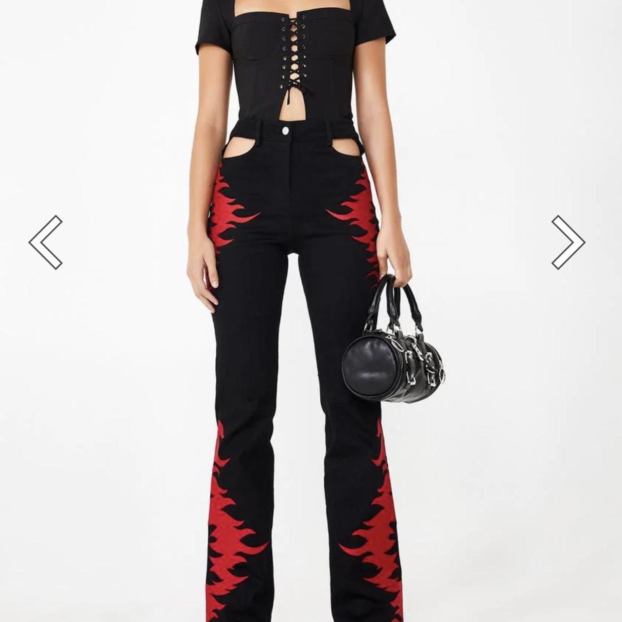 I.AM.GIA Flame Embroidered Pants Black Red Stretch Flare Size XS | eBay