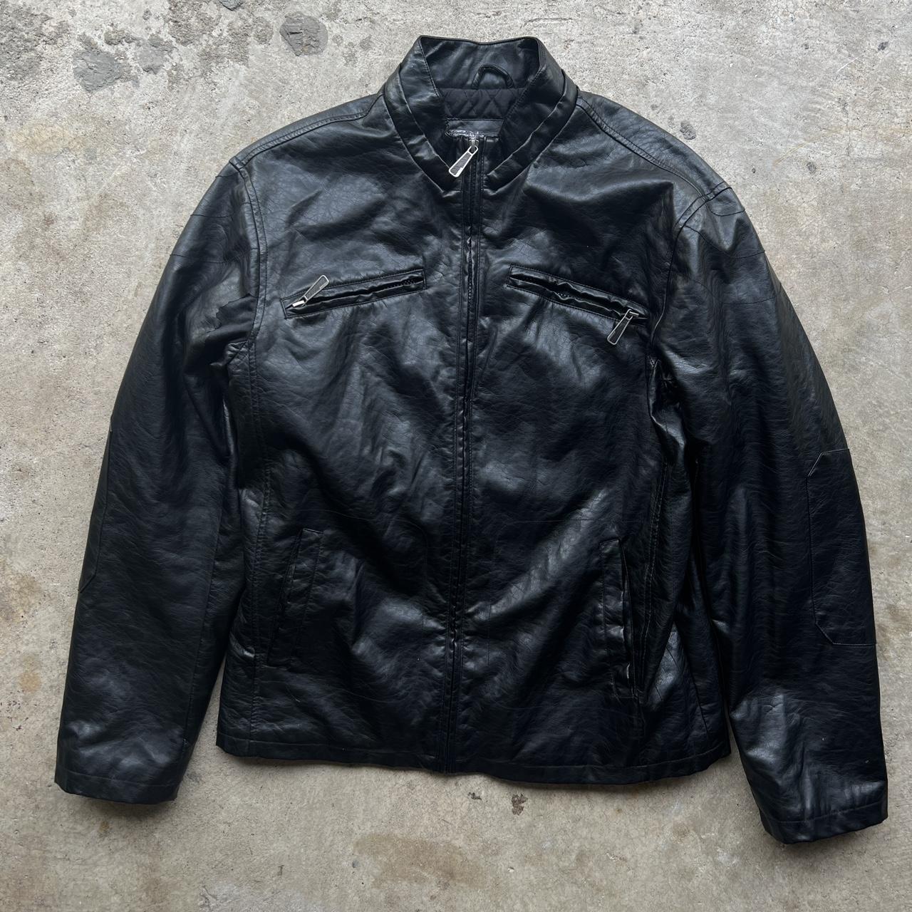 1990s Biker Leather Jacket measurements: 22in x... - Depop