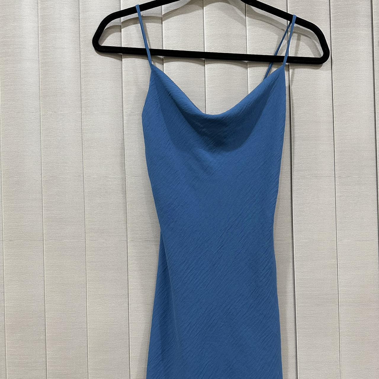 Blue mini spaghetti strap dress with side slit - Depop