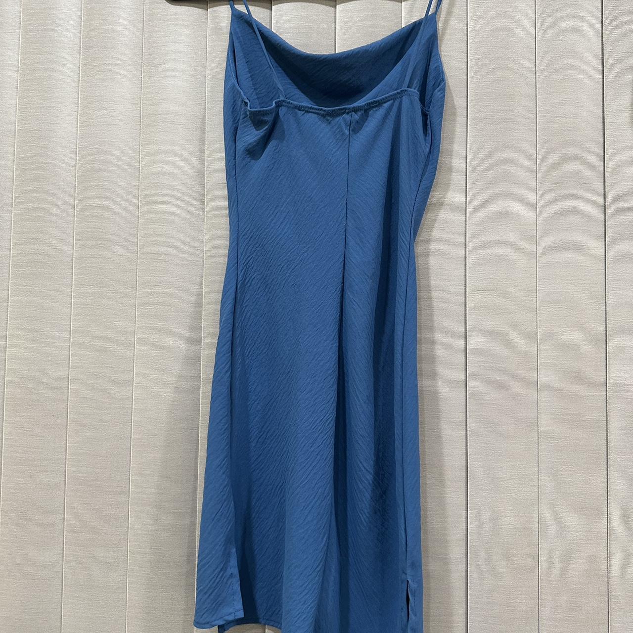 Blue mini spaghetti strap dress with side slit - Depop