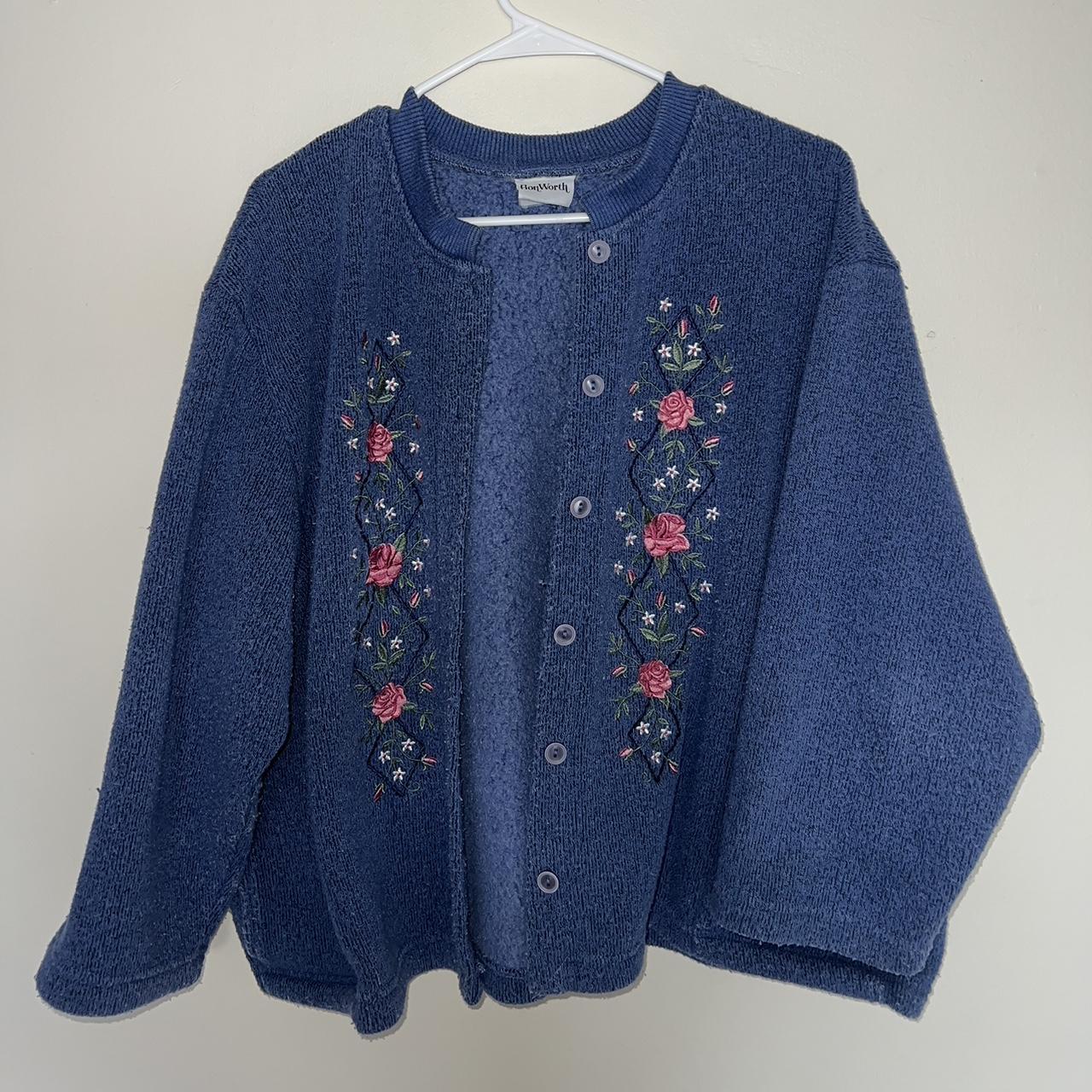 Bon Worth Vintage Cardigan Embroidered Flower... Depop