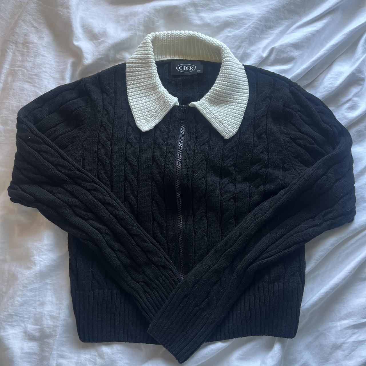 black knit sweater with white collar zip up. giving... - Depop