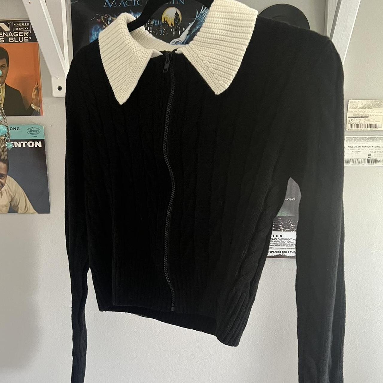 black knit sweater with white collar zip up. giving... - Depop